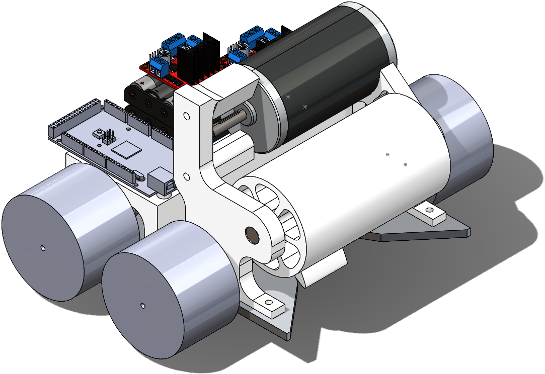 Original team CAD assembly showing the robot chassis, collection and launch mechanisms, electronics and simplified wheels